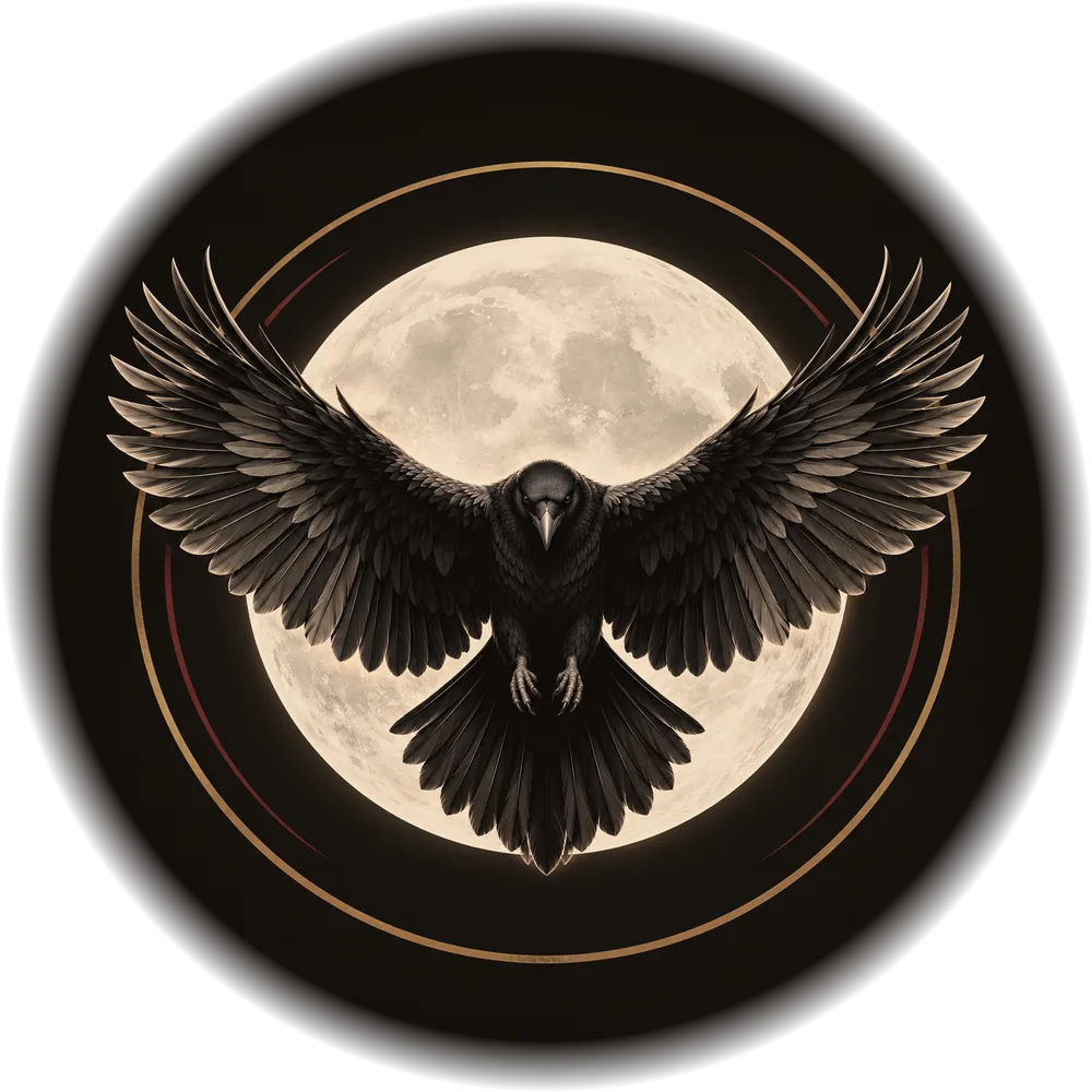 A raven with its wings spread in front of a full moon